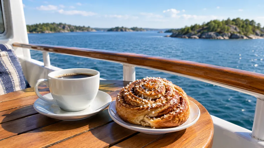 Eine Tasse Kaffee und ein Zimtschnecken auf einem kleinen Tisch an der Bootsreling, Inseln und blaues Wasser im Hintergrund