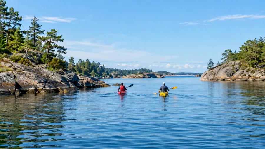 Zwei Seekajaks, ein rotes und ein gelbes, paddeln zwischen kiefernbewachsenen Granitinseln in ruhigem Wasser