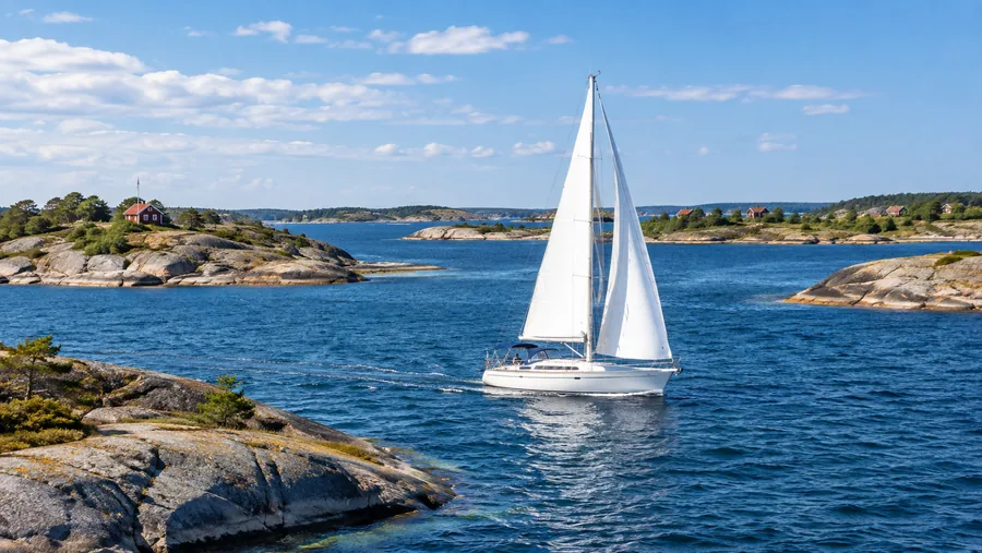 Ein weißes Segelboot mit vollen Segeln gleitet zwischen flachen Felseninseln im äußeren Schärengarten